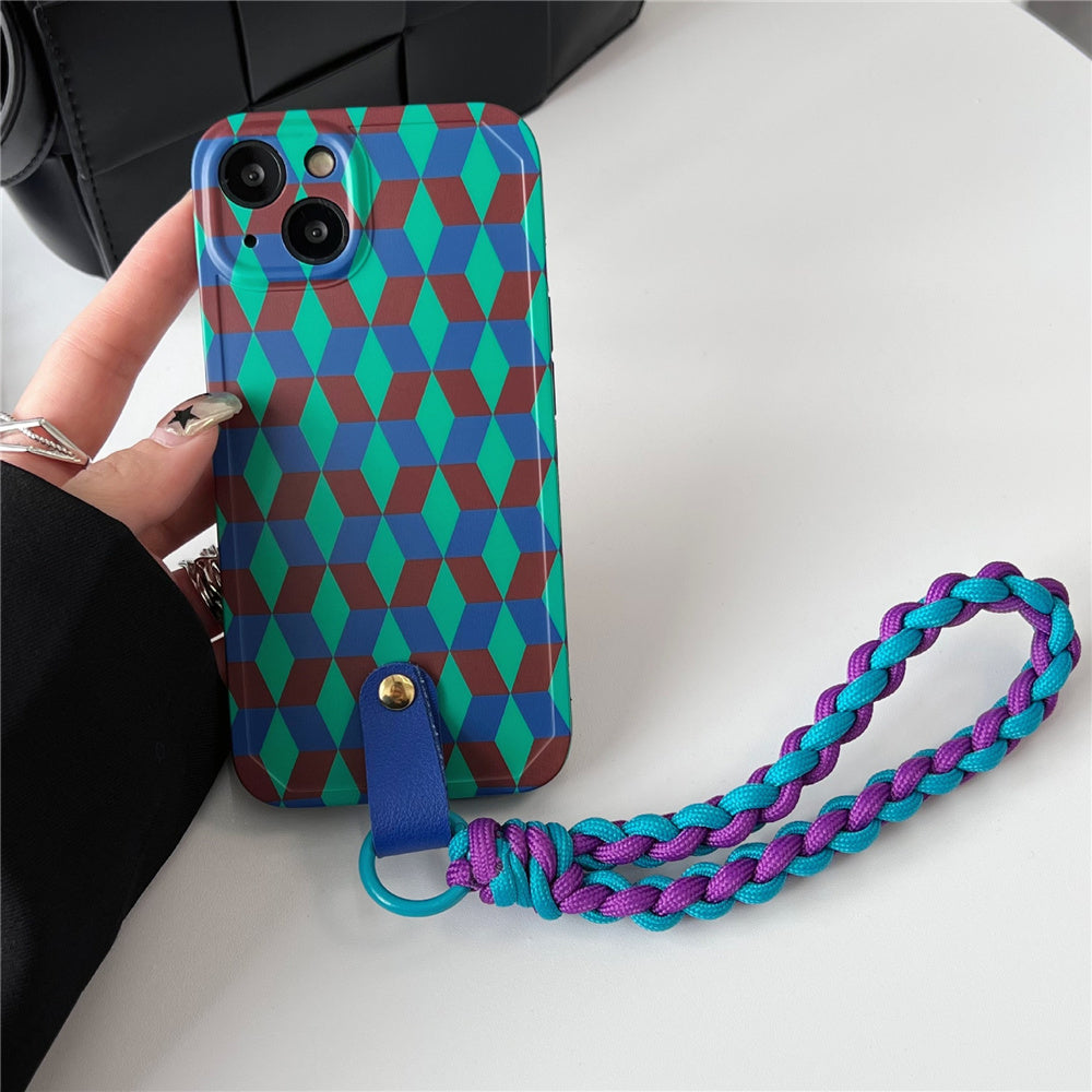 TPU Phone Case for iPhone 13 , Shockproof Cover Splicing Rhombus Pattern Phone Shell with Wrist Strap