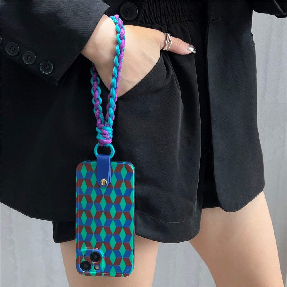 TPU Phone Case for iPhone 13 , Shockproof Cover Splicing Rhombus Pattern Phone Shell with Wrist Strap