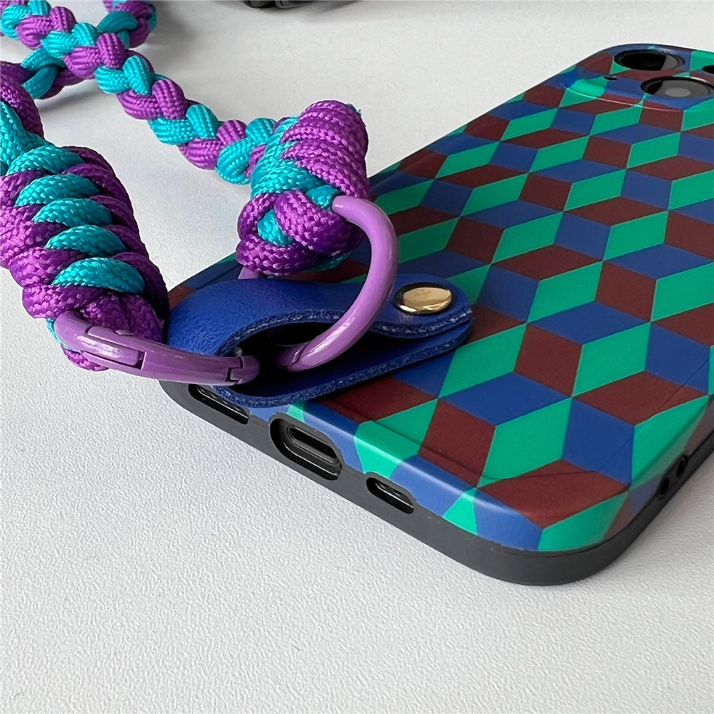 TPU Phone Case for iPhone 13 , Shockproof Cover Splicing Rhombus Pattern Phone Shell with Wrist Strap