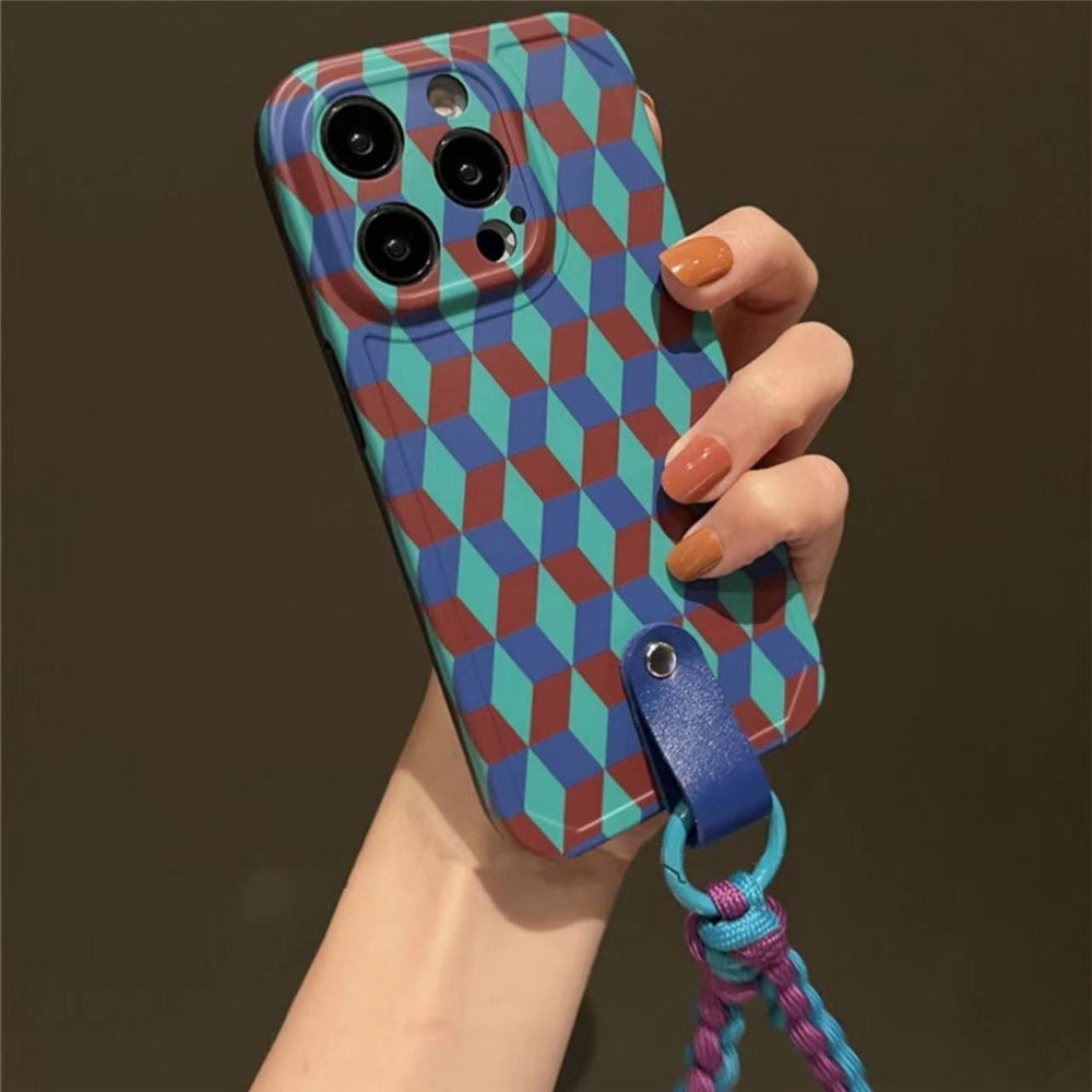 Uniqkart for iPhone 12 Pro Phone Cover Splicing Rhombus Pattern Flexible TPU Phone Case with Wrist Strap