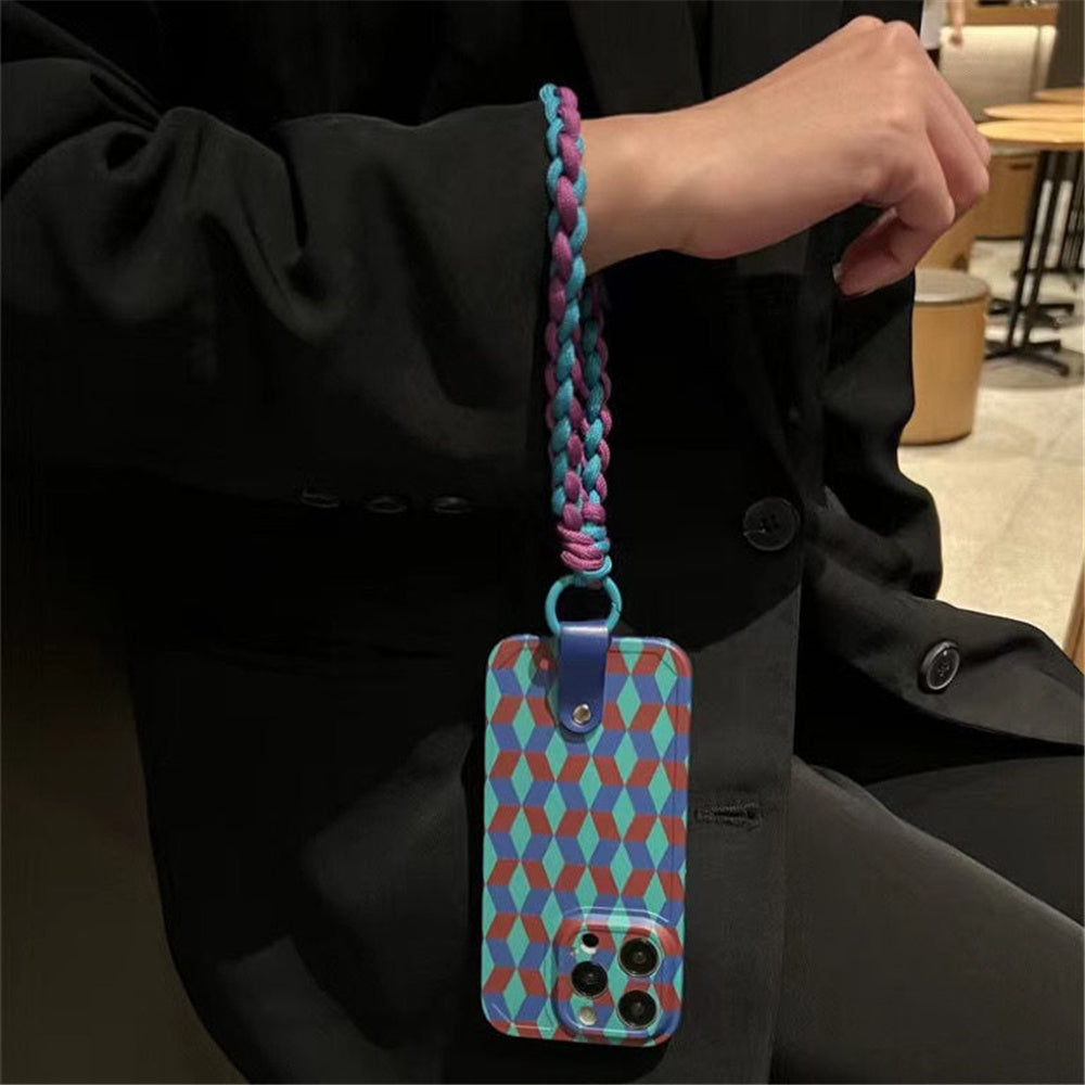 Uniqkart for iPhone 12 Pro Phone Cover Splicing Rhombus Pattern Flexible TPU Phone Case with Wrist Strap