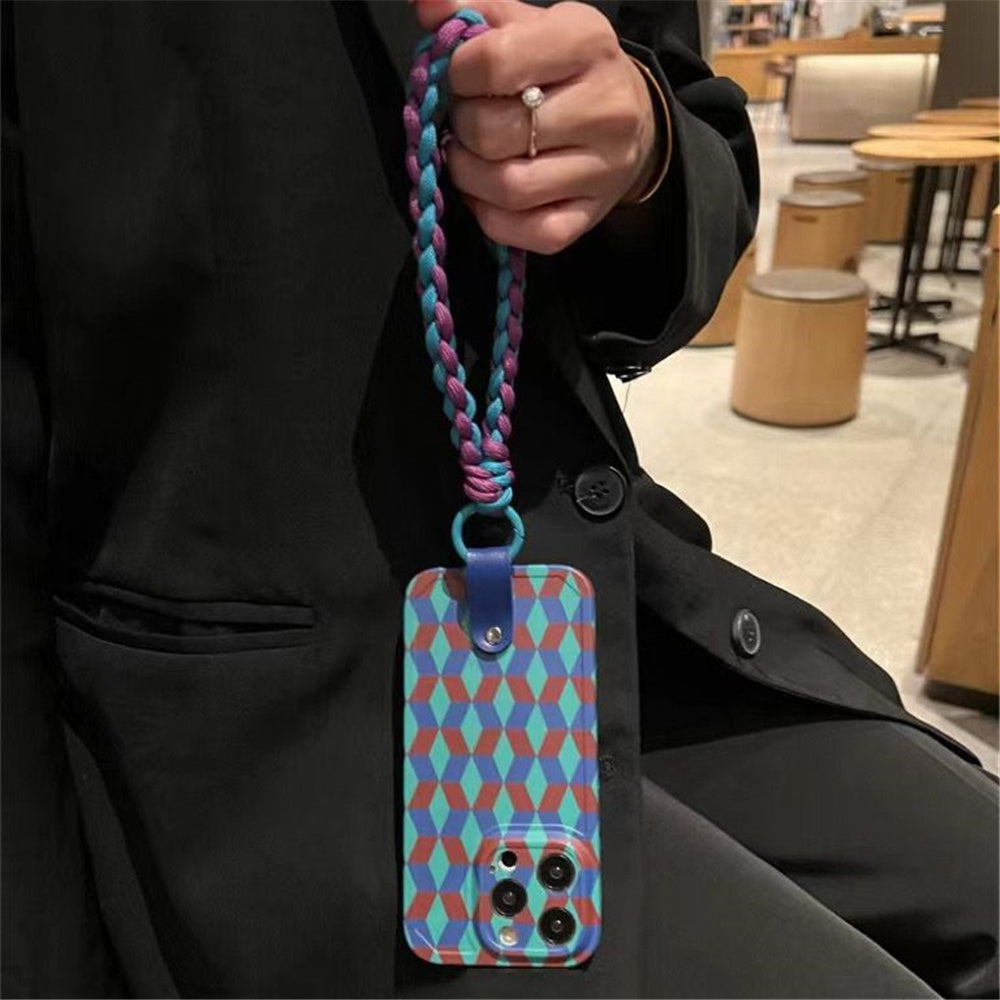 Uniqkart for iPhone 12 Pro Phone Cover Splicing Rhombus Pattern Flexible TPU Phone Case with Wrist Strap