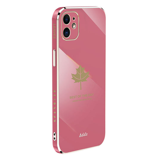 Uniqkart for iPhone 12 mini 5.4 inch Straight Edge TPU Cover 6D Electroplated Maple Leaf Phone Case - Camellia Red