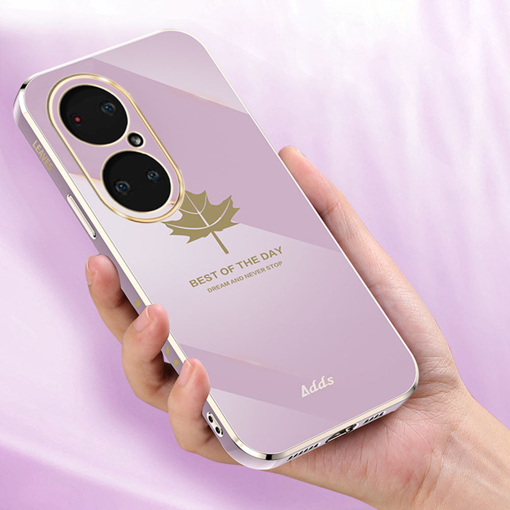 Straight Edge Phone Case for Huawei P50 Pro 4G Electroplated Maple Leaf TPU Cover - Pink