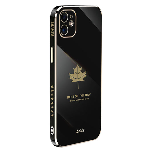 Uniqkart for iPhone 12 6.1 inch Maple Leaf Pattern TPU Cover 6D Electroplated Straight Edge Phone Case - Black