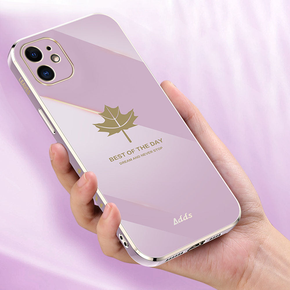 Uniqkart for iPhone 12 6.1 inch Maple Leaf Pattern TPU Cover 6D Electroplated Straight Edge Phone Case - Black