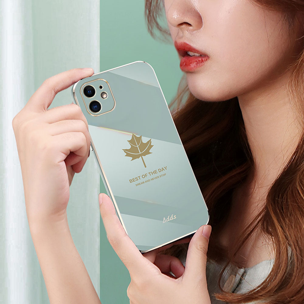 Uniqkart for iPhone 12 6.1 inch Maple Leaf Pattern TPU Cover 6D Electroplated Straight Edge Phone Case - Black