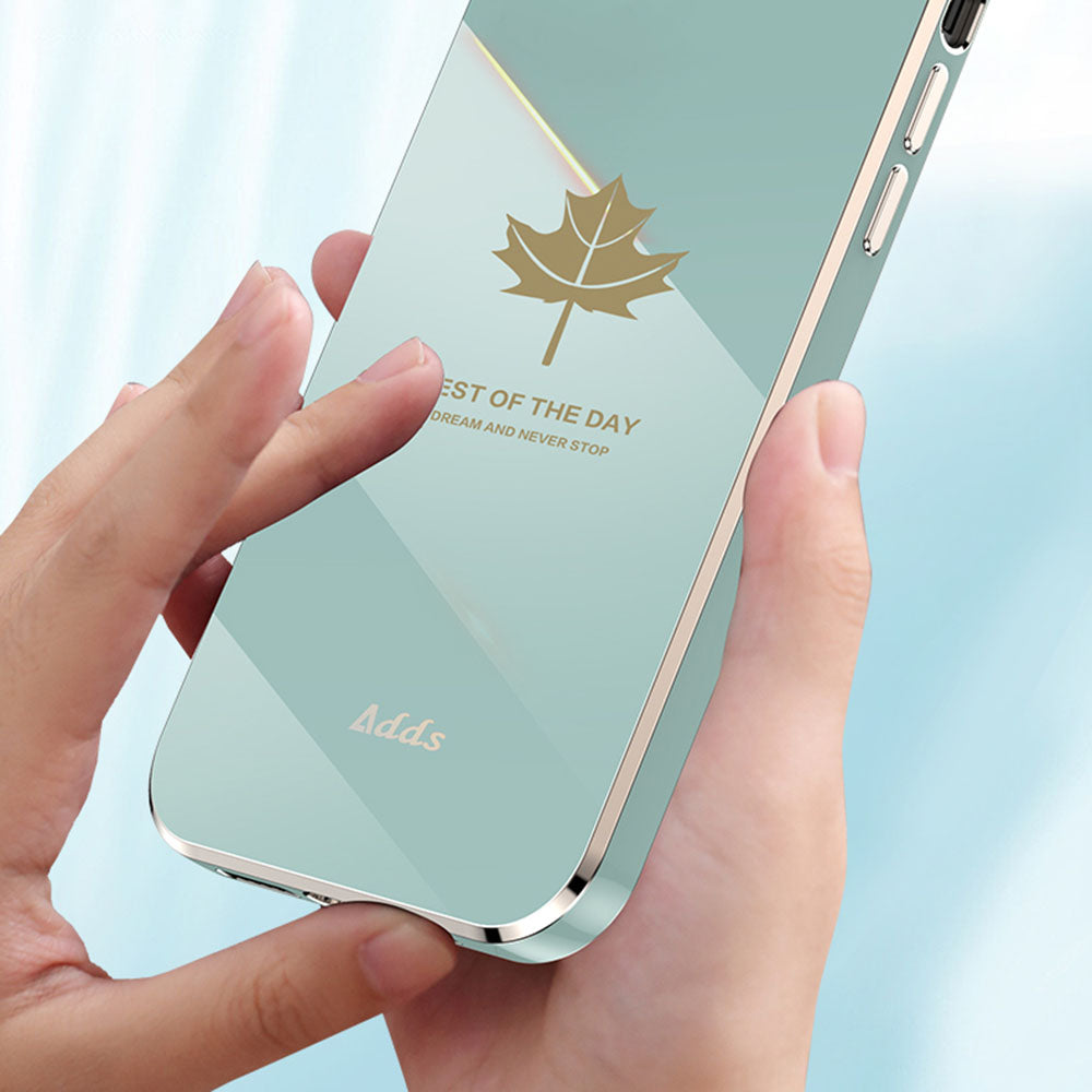 Uniqkart for iPhone 12 6.1 inch Maple Leaf Pattern TPU Cover 6D Electroplated Straight Edge Phone Case - Green