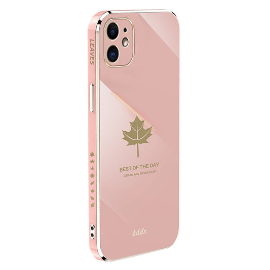 Uniqkart for iPhone 12 6.1 inch Maple Leaf Pattern TPU Cover 6D Electroplated Straight Edge Phone Case - Pink