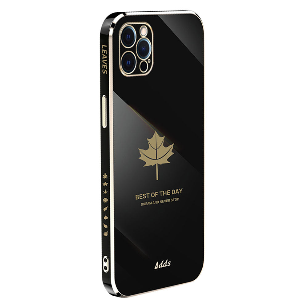 Anti-drop Phone Case for iPhone 12 Pro Max 6.7 inch Electroplated Maple Leaf Straight Edge TPU Cover - Black