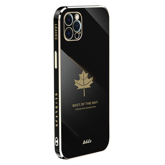 Anti-drop Phone Case for iPhone 12 Pro Max 6.7 inch Electroplated Maple Leaf Straight Edge TPU Cover - Black