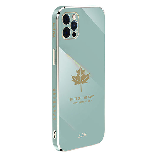 Anti-drop Phone Case for iPhone 12 Pro Max 6.7 inch Electroplated Maple Leaf Straight Edge TPU Cover - Green