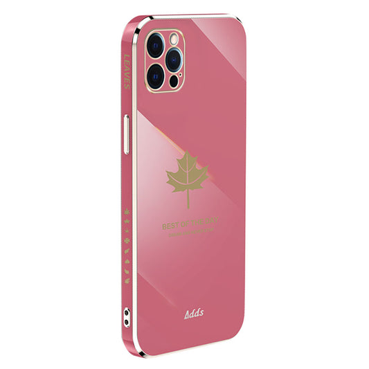 Anti-drop Phone Case for iPhone 12 Pro Max 6.7 inch Electroplated Maple Leaf Straight Edge TPU Cover - Camellia Red