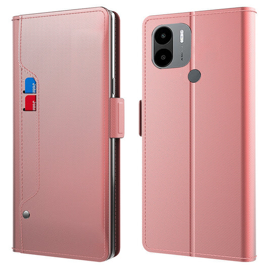 Uniqkart for Xiaomi Poco C51 4G PU Leather Stand Case Card Holder Phone Cover with Mirror - Rose Gold