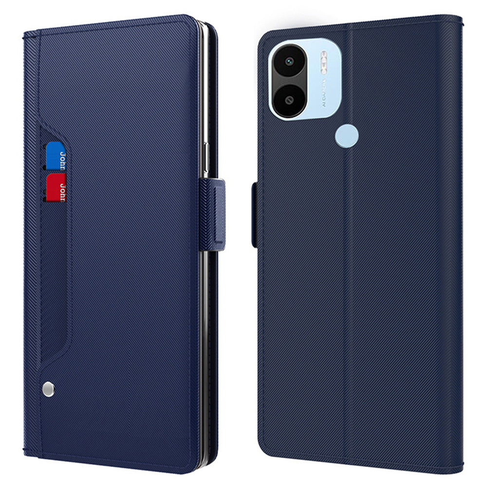 Uniqkart for Xiaomi Poco C50 / Redmi A1+ / A2+ Mirror Design PU Leather Stand Phone Case Card Slot Anti-drop Cover - Blue