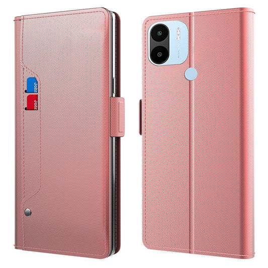 Uniqkart for Xiaomi Poco C50 / Redmi A1+ / A2+ Mirror Design PU Leather Stand Phone Case Card Slot Anti-drop Cover - Rose Gold