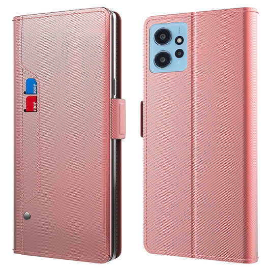 Silky Feeling Leather Case For Xiaomi Redmi Note 12 4G , Phone Stand Built-in Mirror Card Holder Shell Cover - Rose Gold