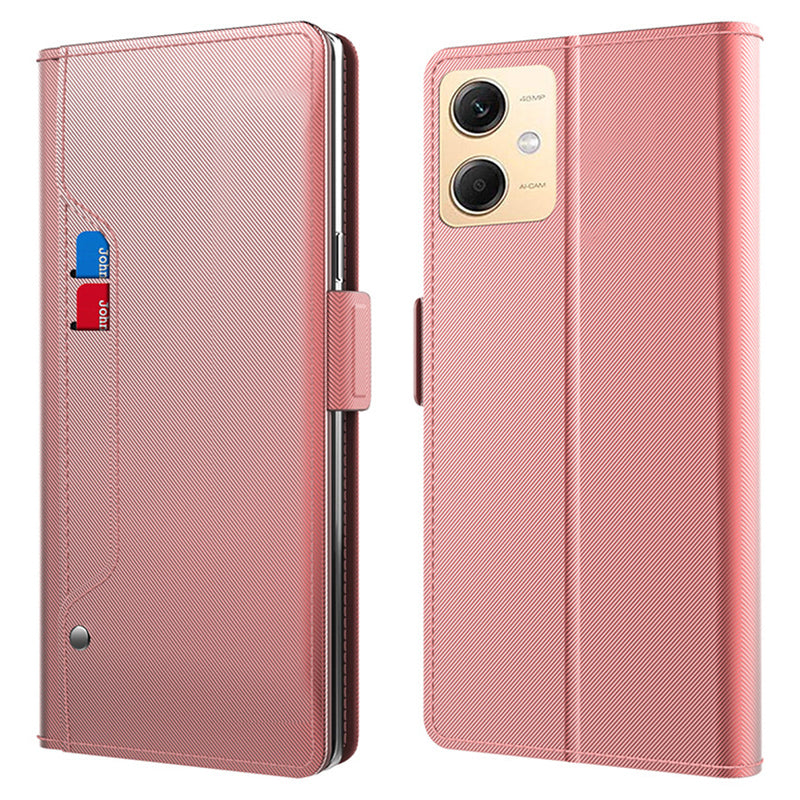 Uniqkart for Xiaomi Redmi Note 12R Pro 5G Slim-Fit Mirror Design Cell Phone Cover Card Holder Leather Stand Case - Rose Gold