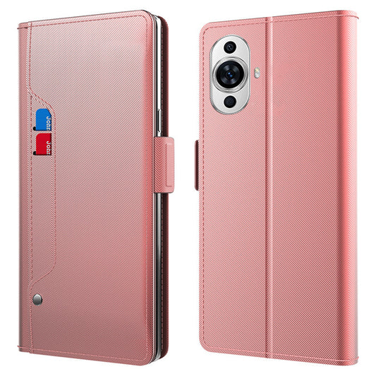 Uniqkart for Huawei nova 11 Anti-scratch Magnetic Phone Case Mirror Design Card Holder PU Leather Stand Phone Cover - Rose Gold