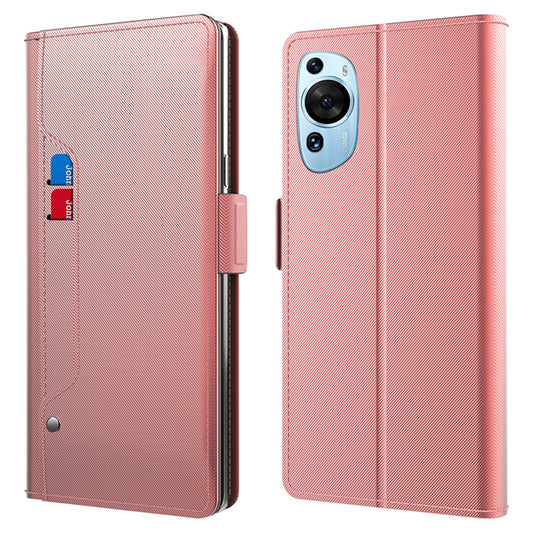 Uniqkart for Huawei P60 Art Makeup Mirror Leather Cell Phone Case Card Holder Cell Phone Stand Cover - Rose Gold