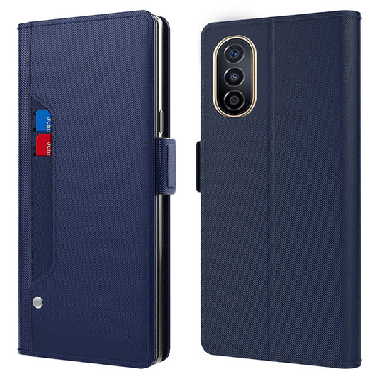 Built-in Mirror Phone Case for Huawei nova Y71 4G , Card Holder Phone Stand Cover Leather Shell - Blue