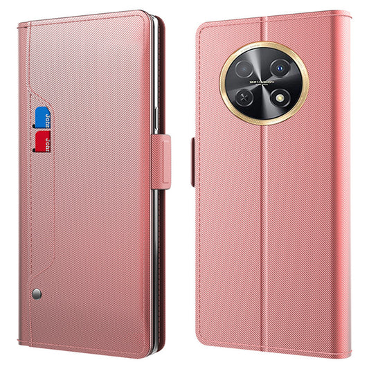 Uniqkart for Huawei nova Y91 4G Anti-Scratch Leather Cell Phone Case Mirror Card Holder Smartphone Desk Stand Design Cover - Rose Gold