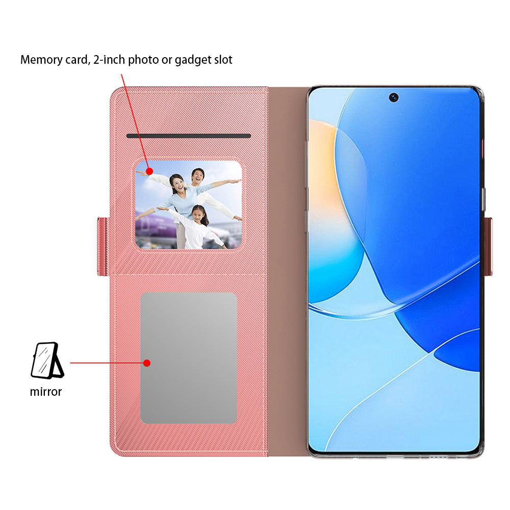 Uniqkart for Huawei nova Y91 4G Anti-Scratch Leather Cell Phone Case Mirror Card Holder Smartphone Desk Stand Design Cover - Rose Gold