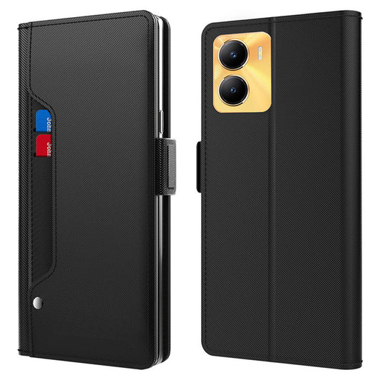 Uniqkart for vivo Y56 5G Slim-Fit Cell Phone Case Mirror Card Holder Leather Mobile Phone Stand Cover - Black