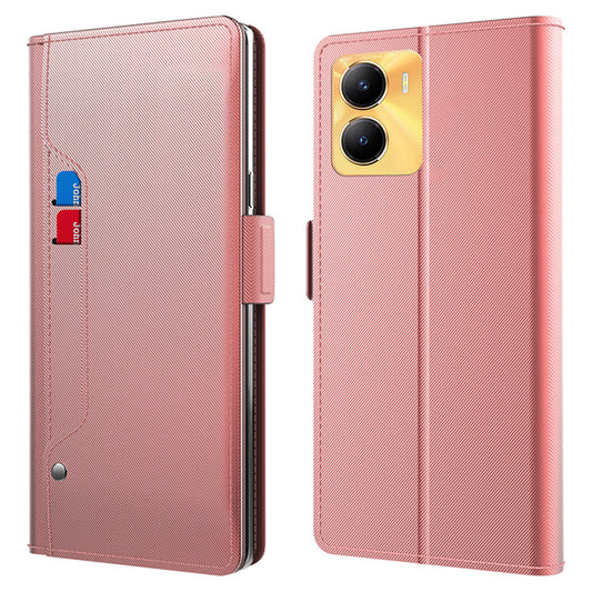 Uniqkart for vivo Y56 5G Slim-Fit Cell Phone Case Mirror Card Holder Leather Mobile Phone Stand Cover - Rose Gold