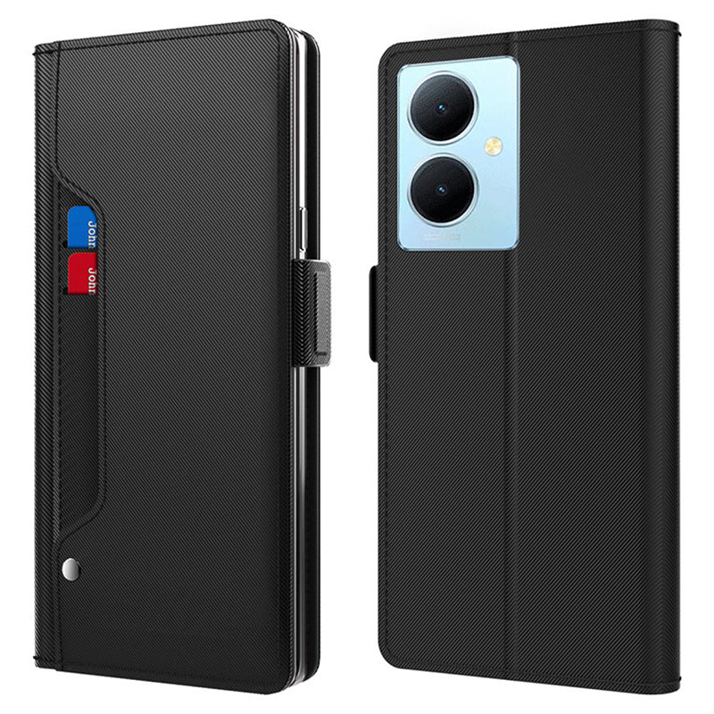 Uniqkart for vivo Y78+ 5G Card Holder Phone Stand Cover Shockproof PU Leather Cell Phone Case with Mirror Design Uniqkart for Makeup - Black