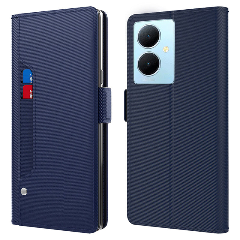 Uniqkart for vivo Y78+ 5G Card Holder Phone Stand Cover Shockproof PU Leather Cell Phone Case with Mirror Design Uniqkart for Makeup - Blue