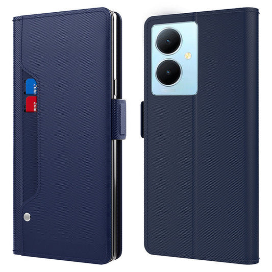 Uniqkart for vivo Y78+ 5G Card Holder Phone Stand Cover Shockproof PU Leather Cell Phone Case with Mirror Design Uniqkart for Makeup - Blue
