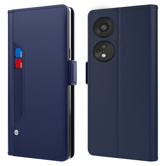 PU Leather Mobile Phone Case for Oppo A78 5G , Built-in Mirror Card Holder Phone Stand Cover Shell - Blue