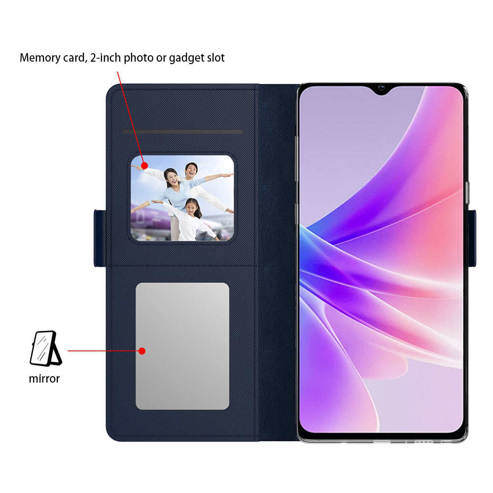 PU Leather Mobile Phone Case for Oppo A78 5G , Built-in Mirror Card Holder Phone Stand Cover Shell - Blue