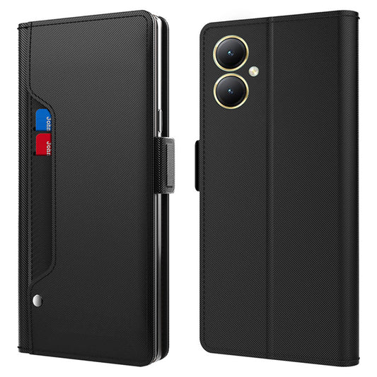 Uniqkart for vivo Y35+ 5G Anti-Scratch Mirror Design PU Leather Stand Case Card Slot Mobile Phone Cover - Black