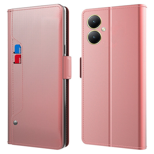 Uniqkart for vivo Y35+ 5G Anti-Scratch Mirror Design PU Leather Stand Case Card Slot Mobile Phone Cover - Rose Gold