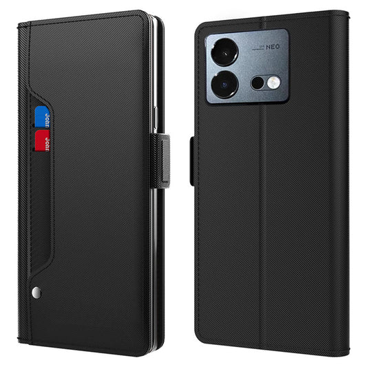 Uniqkart for vivo iQOO Neo8 Pro 5G Flip Phone Stand Case Mirror Design Card Holder Dustproof PU Leather Phone Cover - Black