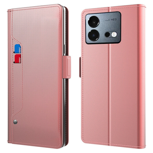 Uniqkart for vivo iQOO Neo8 Pro 5G Flip Phone Stand Case Mirror Design Card Holder Dustproof PU Leather Phone Cover - Rose Gold