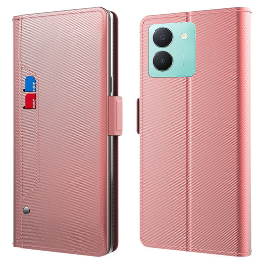 Uniqkart for vivo Y36 4G / 5G Mirror Design Magnetic Flip Case Card Holder Dustproof PU Leather + TPU Phone Stand Cover - Rose Gold