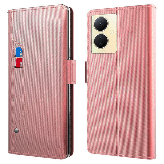 Uniqkart for vivo V29 Lite 5G Slim-Fit Phone Stand Case Card Holder Cell Phone Cover Mirror Design PU Leather Shell - Rose Gold