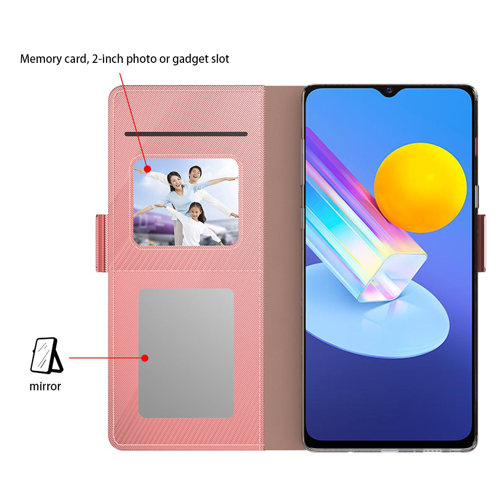 TPU + PU Leather Stand Case for vivo S17e 5G , Mirror Design Card Holder Cell Phone Cover - Rose Gold