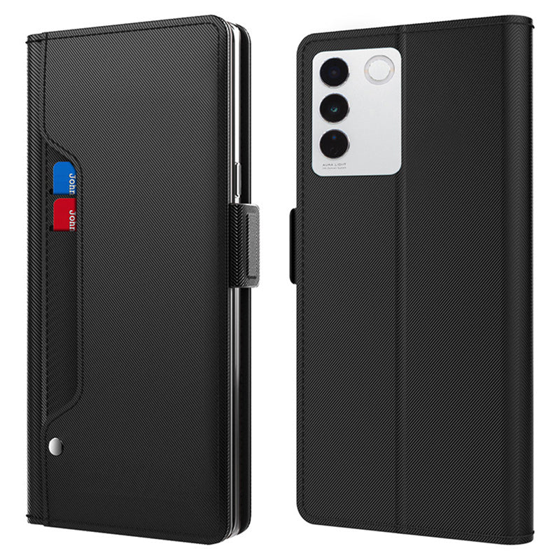 Uniqkart for vivo V27 5G Dustproof PU Leather Stand Case Mirror Design Card Holder Cell Phone Cover - Black