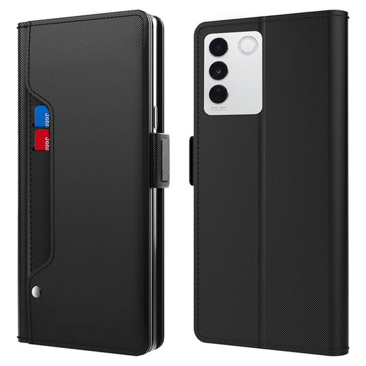 Uniqkart for vivo V27 5G Dustproof PU Leather Stand Case Mirror Design Card Holder Cell Phone Cover - Black