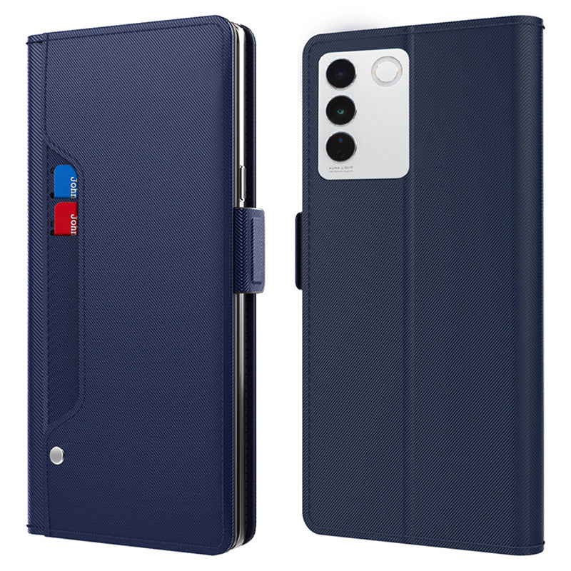 Uniqkart for vivo V27 5G Dustproof PU Leather Stand Case Mirror Design Card Holder Cell Phone Cover - Blue
