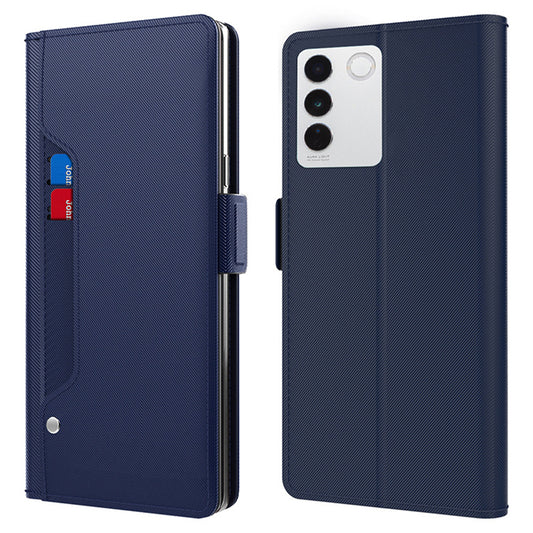 Uniqkart for vivo V27 5G Dustproof PU Leather Stand Case Mirror Design Card Holder Cell Phone Cover - Blue