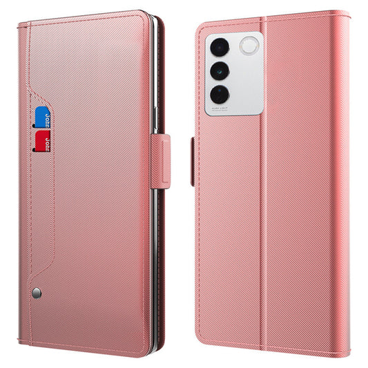 Uniqkart for vivo V27 5G Dustproof PU Leather Stand Case Mirror Design Card Holder Cell Phone Cover - Rose Gold