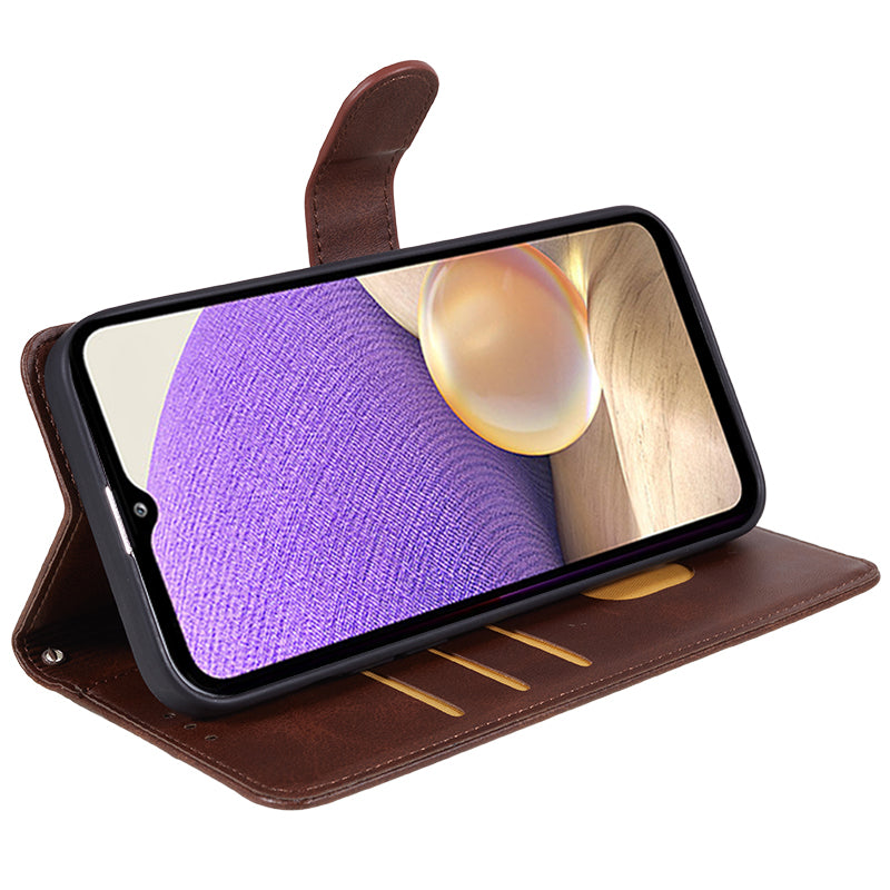 Uniqkart for Samsung Galaxy A25 5G Anti-Scratch Flip Stand PU Leather Cover Wallet Calf Texture Phone Case - Brown
