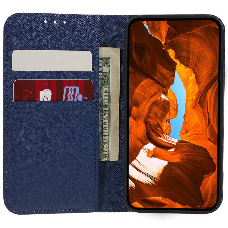 Uniqkart for Samsung Galaxy A25 5G Wallet Phone Shell Cross Texture PU Leather Shockproof Flip Stand Phone Case - Dark Blue