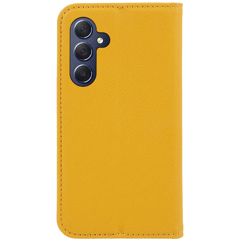 Uniqkart for Samsung Galaxy A25 5G Wallet Phone Shell Cross Texture PU Leather Shockproof Flip Stand Phone Case - Yellow