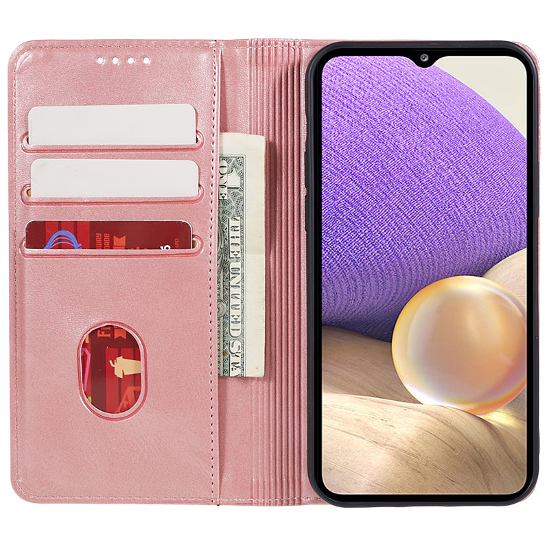 Uniqkart for Samsung Galaxy S23 FE Shockproof PU Leather Cover Flip Stand Wallet Calf Texture Phone Case - Rose Gold